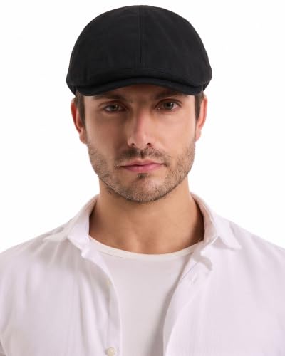 ZLYC Men Cotton Flat Cap Summer Scally Newsboy Beret Driver Hat - color: Plain Black