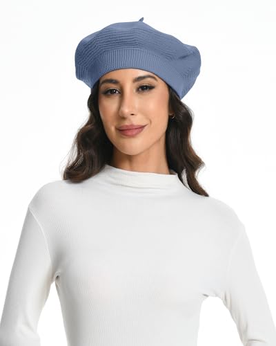 Cotton Knitted Women Beret Hat, French Style Solid Color Beret, Winter Autumn Warm and Soft Beanie Hat - color: Blue