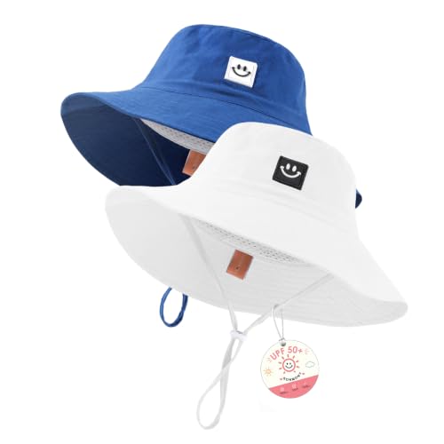 Kids Sun Hat Smile Face Bucket Hat Toddler Hat Wide Brim Adjustable Strap - color: White+blue, size: 3-8T