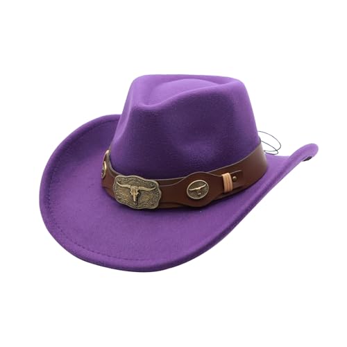 Western Cowboy Hat for Men Cowgirl Hat for Women Unisex Wide Brim Felt Fedora Hats Classic Cowboy Hats - color: Purple