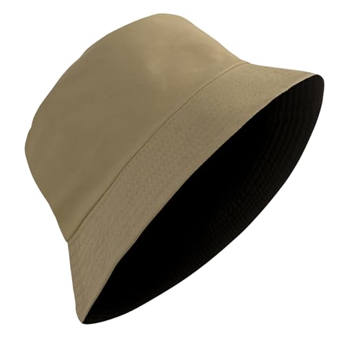 PFFY Reversible Bucket Hat for Women Men Cotton Sun Beach Fishing Cap - color: Black/Khaki (Reversible)