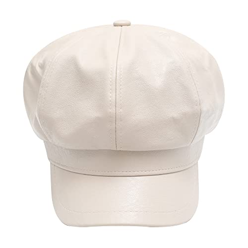 ZLYC Womens PU Leather Newsboy Caps Gatsby Cabbie Hat for Girls - color: Cream White, size: Medium