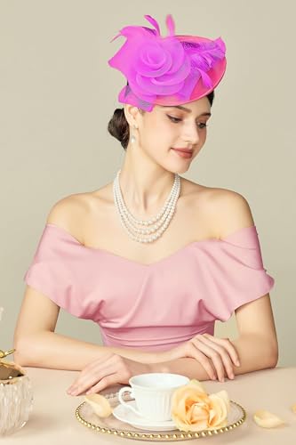 BABEYOND Fascinators Hats for Women Tea Party Mesh Flower Pillbox Derby Hat - color: Hot Pink