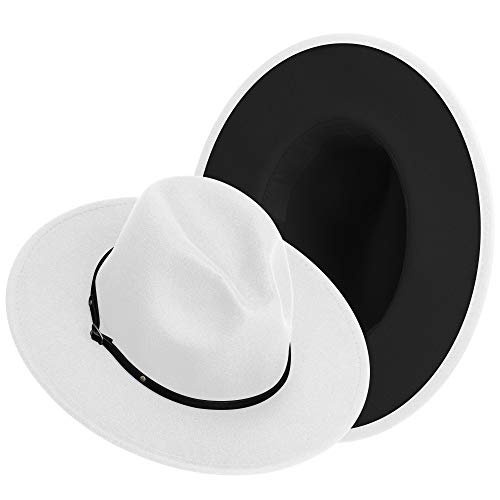 Wide Brim Fedora Hats for Women Mens Felt Fedora Hats With Belt Buckle - color: 2-white/Black, size: Medium