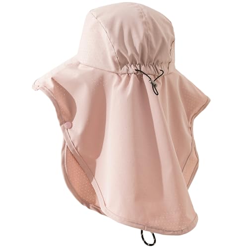 Mesh Breathable Sun Hat for Men,Women,Wide Brim UPF50+ with Neck Flap, Detachable Face Cover, Outdoor Fishing Sun Hat - color: Pale Pink