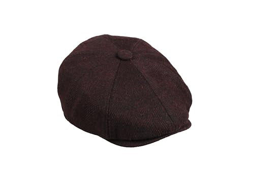 8 Panel Wool Blend Newsboy Cap – Classic Tweed & Herringbone Baker Boy Hat for Men & Women - color: Dark Burgundy Herringbone, size: Medium