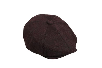 8 Panel Wool Blend Newsboy Cap – Classic Tweed & Herringbone Baker Boy Hat for Men & Women - color: Dark Burgundy Herringbone, size: Medium