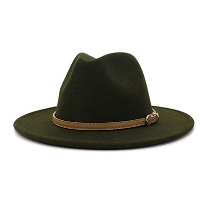 Lisianthus Women Classic Felt Fedora Wide Brim Hat with Belt Buckle - color: Olive