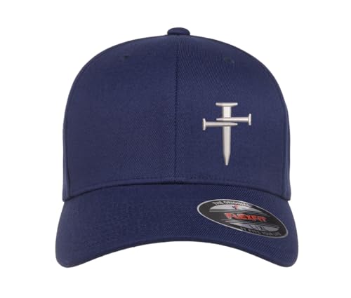 Nail Cross Christian Fitted Side Embroidered Hat Baseball Cap - color: Navy Curved Brim, size: Large-X-Large