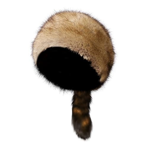 Women's Russian Cossack Hat with Raccoon Tail Furry Trapper Hat Plush Warm Winter Hats for Hunting Faux Fur Ski Cap - color: Light Brown