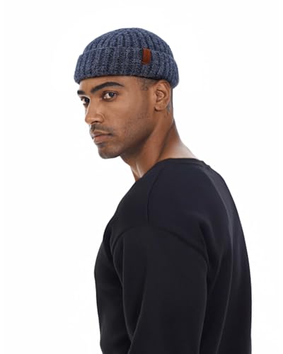 Chunky Wool Fisherman Short Beanie Hats Skull Cap for Men, Mens Thick Skater Streetwear Fishermans Beanie Daily Hat - color: Navy Blue