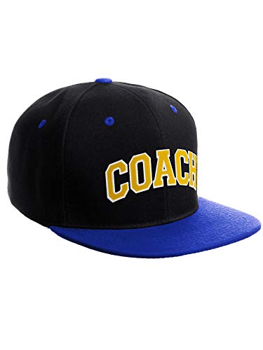 Original Team Coach Snapback Hat Classic Layered Arched Letters Flat Bill Cap - color: Black Royal Hat White Gold Letters
