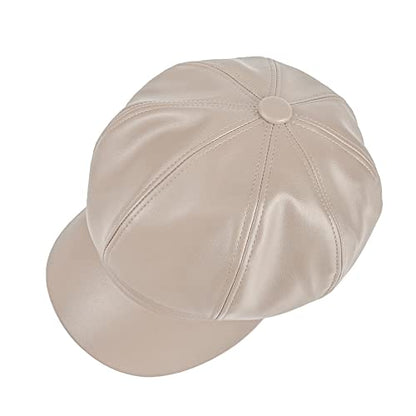 Womens PU Leather Newsboy Cap Paperboy Newsie Cap Bakerboy Beret Cabbie Hat - color: Beige