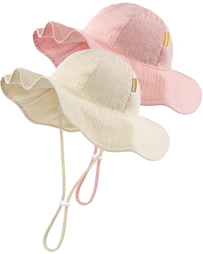 HONGTEYA Baby Sun Hat Muslin Wide Brim Toddler Girl Beach Bucket Hat - color: Pink/Beige, size: 0-6 Months