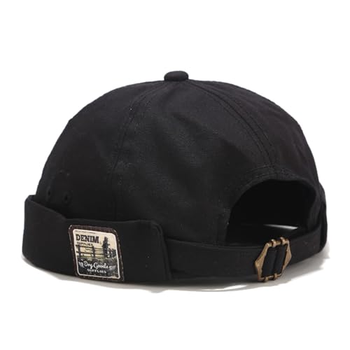 Men Docker Cap Brimless Skullcap Sailor Cap Rolled Cuff Retro Beanie Hat with Adjustable - color: Black