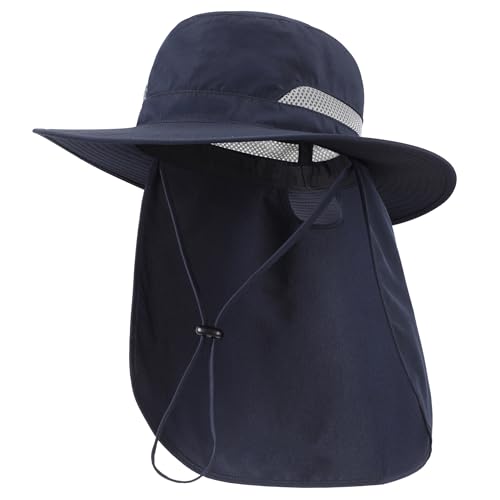 Connectyle UPF 50+ Wide Brim Sun Hat for Men Women UV Protection Fishing Hat with Neck Flap Outdoor Safari Bucket Hiking Hats - color: Navy Blue
