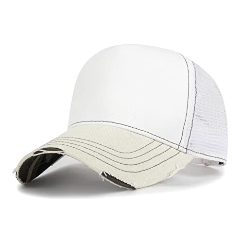 ililily Solid Color Vintage Distressed Mesh Blank Trucker Hat Baseball Cap - color: White&camo - Premium, size: X-Large