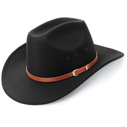 AQOKKA Western Cowboy Hats for Women Classic Felt Wide Brim Fedora Hat with Belt Buckle Retro Panama Hat Unisex Rolled up Cap - color: K-fedora Hat : Black, size: Medium