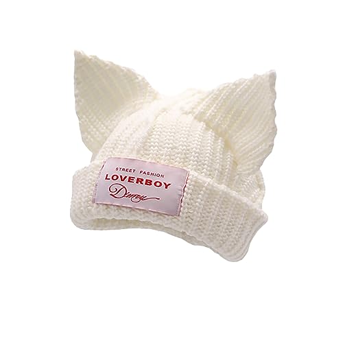 Cat Ear Beanie Y2K Cute Knit Hat with Ears Warm Crochet Hat Skull Cap for Women Men - color: White