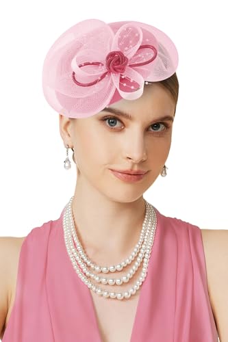BABEYOND Fascinators Hats for Women Tulle Pillbox Knot Bead Tea Party Hat - color: Pink