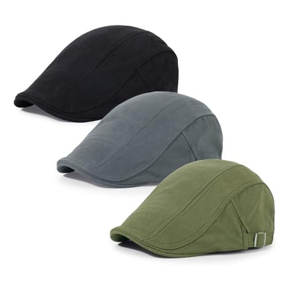 3Pcs Cotton Newsboy Hat for Men Cool Adjustable Flat Cap - color: Black+darkgrey+armygreen