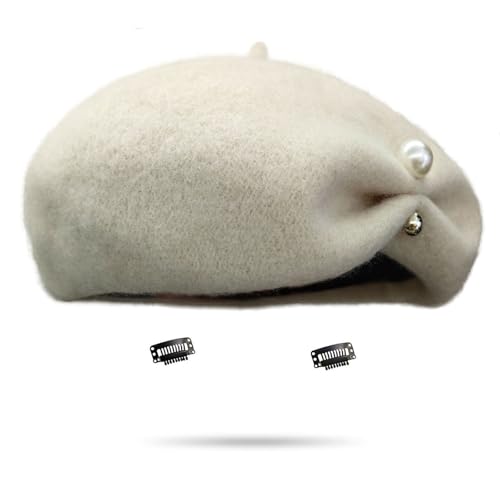 huablo French Berets Hat Premium Cashmere Beret Pearl Decorative Elegant Church Wool Hat for Women Solid Artist Hat - color: Beige