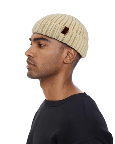 Chunky Wool Fisherman Short Beanie Hats Skull Cap for Men, Mens Thick Skater Streetwear Fishermans Beanie Daily Hat - color: Ivory