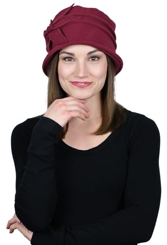 Fleece Flower Cloche Hat for Women Chemo Cancer Ladies Headwear 50+ UPF - color: Burgundy