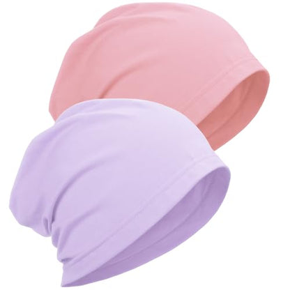 ROYBENS 100% Cotton Thin Slouchy Beanie Hat Women Men Lightweight Chemo Cap - color: 2pcs Pink+purple