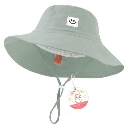 Kids Sun Hat Smile Face Bucket Hat Toddler Hat Wide Brim Adjustable Strap - color: Pea Green, size: 3-8T