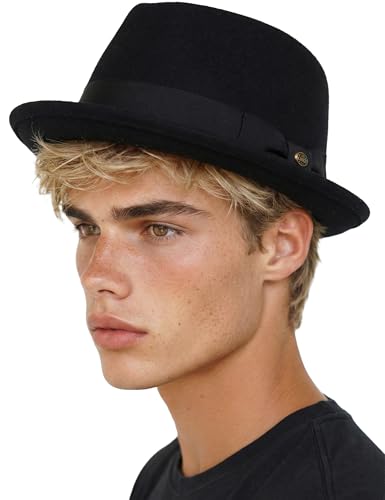 Funky Junque Wool Blend Porkpie Fedora, Classic Trilby Dress Hat - color: Black, size: Large
