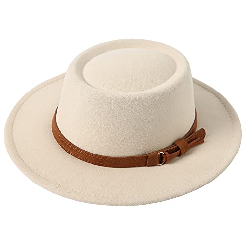 Lanzom Women Vintage Wide Brim Warm Wool Fedora Hat Belt Panama Hat Felt Jazz Hat - color: Beige/Brown