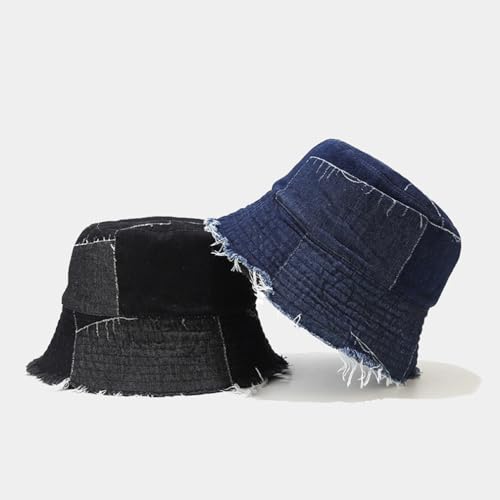Quanhaigou Frayed Unisex Sun Hats, Fashion Beach Bucket Hat for Men Women,Summer Outdoor Boy's Girls Boonie Cap - color: Irregular Denim Black