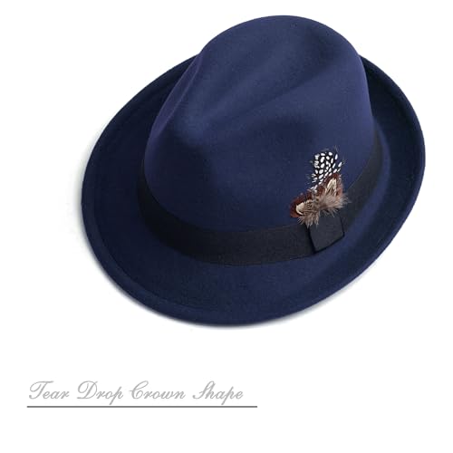 Short Brim Fedora Hat for Men Women Felt Trilby with Feather - color: Navy