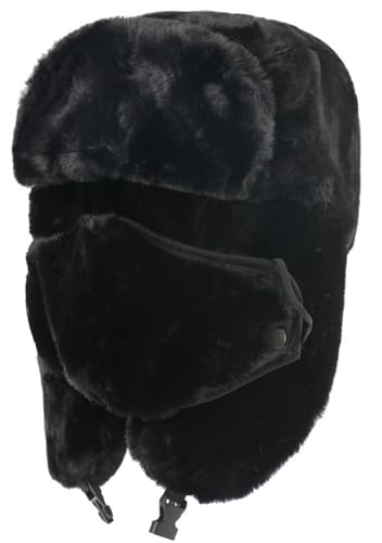 Ushanka Winter Trapper Hat Men Women Faux Rabbit Fur Russian Aviator Hat with Ear Flaps Face Mask Warm Cold Weather - color: Black