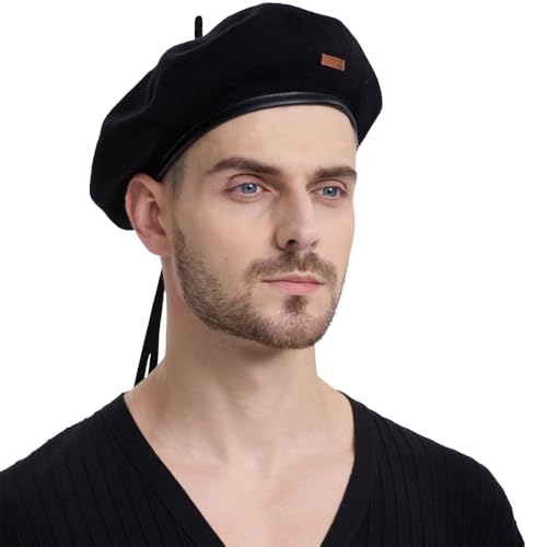 Cotton French Beret Hat for Men Women, Military Style Beret Cap with Leather Label & Drawstring, Casual Beanie - color: Black