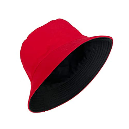 PFFY Reversible Bucket Hat for Women Men Cotton Sun Beach Fishing Cap - color: Black/Red (Reversible)