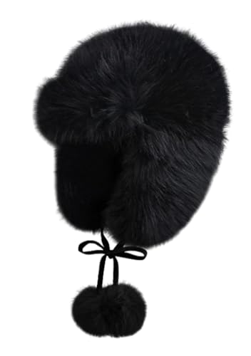 Women Faux Fur Trapper Hat Fuzzy Ushanka Hat Long Pile Faux Fur with Pom Pom Winter Warm Hat Ski Hat Outdoor - color: Black
