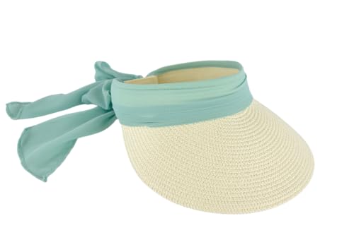 Straw Sun Visor with Scarf Bow and Adjustble Back - color: Natural/ Seafoam Green