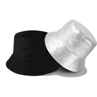 MILAKOO Pu Leather Bucket Hat for Unisex Reversible Fishing Cap Metallic Retro 80s 90s Fisherman Hat - color: C: Silver