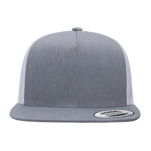 Yupoong 5-Panel YP Classic Trucker Cap | High Profile Flat Visor Snapback - color: Heather/White