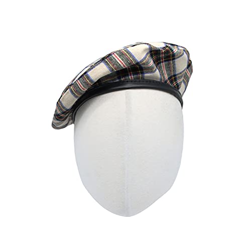 WITHMOONS Cotton Plaid Beret Hat Tartan Check French Beanie Cap YZF0083 - color: Ivory