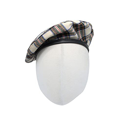 WITHMOONS Cotton Plaid Beret Hat Tartan Check French Beanie Cap YZF0083 - color: Ivory
