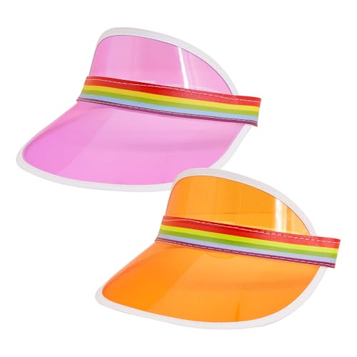 Giovacker Womens Mens PVC Clear Colorful Sun Visor Hats - color: Rainbow Print - Pink + Orange