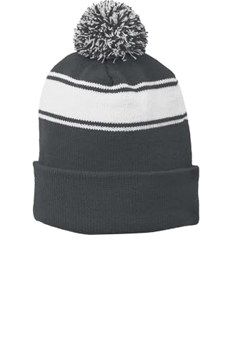 SPORT-TEK Unisex Stripe Pom Pom Beanie - color: Iron Grey/ White