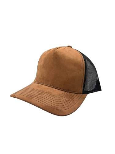 Ashen Fane Faux Suede Polyester Blend 5 Panel Classic Flat or Round Visor Adjustable Snapback Mesh Back Trucker Hat - color: Round - Brown