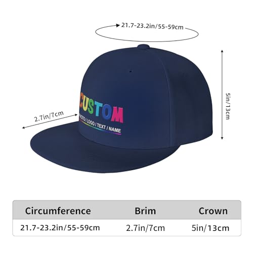 Custom Snapback Hats for Men Personalized Hip Hop Flat Bill Brim Baseball Cap Add Your Own Text Photo Logo - color: Single Color - Navy