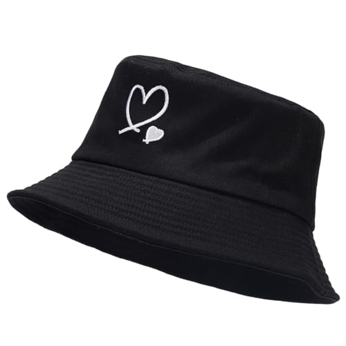 Bucket Hat Beach Sun Hat Fishing Hat for Women Men, Summer Outdoor Travel Packable Fisherman Hat - color: Love Heart Black