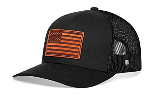 HAKA American Flag Hat | USA Mesh Trucker Snapback Comfort Baseball Cap - color: Black, style: American Flag (Leather)