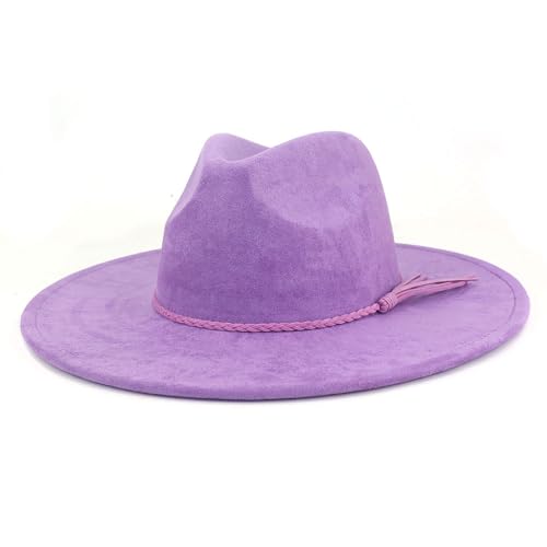 LIDHAY Big Wide Brim Fedora Hats for Women Men Western Suede Hat Large Felt Panama Hat Rancher Hat - color: Dark Purple
